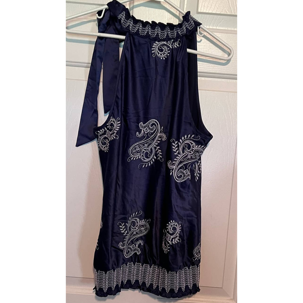 Soulmates Women's Shoulder Tie Blue Embroidered Sleeveless Blouse Size M